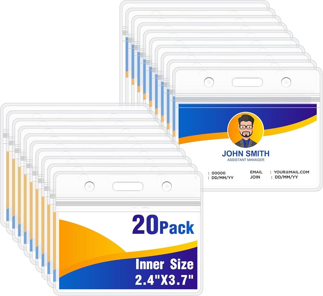 2 x 20PCS ID Badge Holder Horizontal - Extra Thick Clear ID Card Holder with Waterproof Resealable Zip - Name Tag Holder for Nurses, Office and School