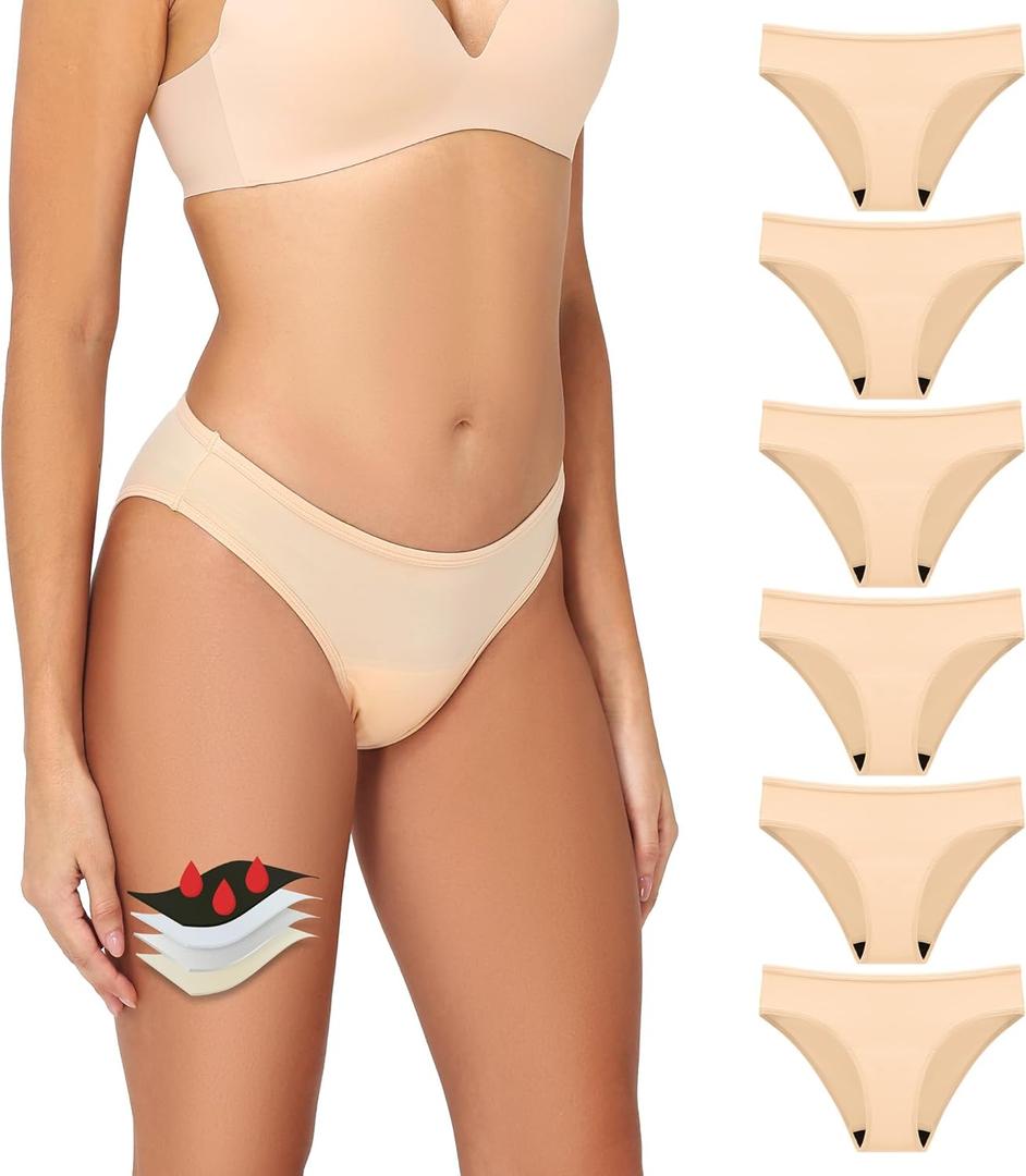 Battewa Leakproof Underwear for Women Low-Waist Bikini Light Incontinence Leak Protection, 20ml Absorbency Washable Reusable High-Cut Hipster Briefs 6Pack (Beige, X-Large)