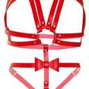 Leg Avenue womens Convertible Vegan Leather O-ring Studded Harness Teddy With Snap-off Panty, Adjustable Straps, and Bow Detail