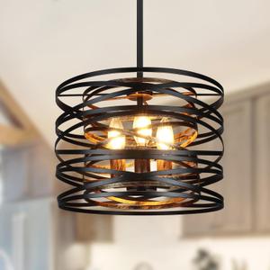 3-Light Farmhouse Black Chandelier for Dining Room Lighting Fixtures, 12.6'' Rustic Drum Ceiling Hanging Pendant Light for Foyer Entryway Kitchen Bedroom, Black with Wood-Grain Metal Interior