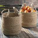 Signature Design by Ashley Brayton Jute 2 Piece Braided Basket Set With Handles, Large Basket 14" W x 14" D x 11" H, Medium Basket 12" W x 12" D x 10" H, Light Brown