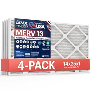 BNX TruFilter 14x25x1 Air Filter MERV 13 (4-Pack) - MADE IN USA - Electrostatic Pleated Air Conditioner HVAC AC Furnace Filters for Allergies, Pollen, Mold, Bacteria, Smoke, Allergen, MPR 1900 FPR 10