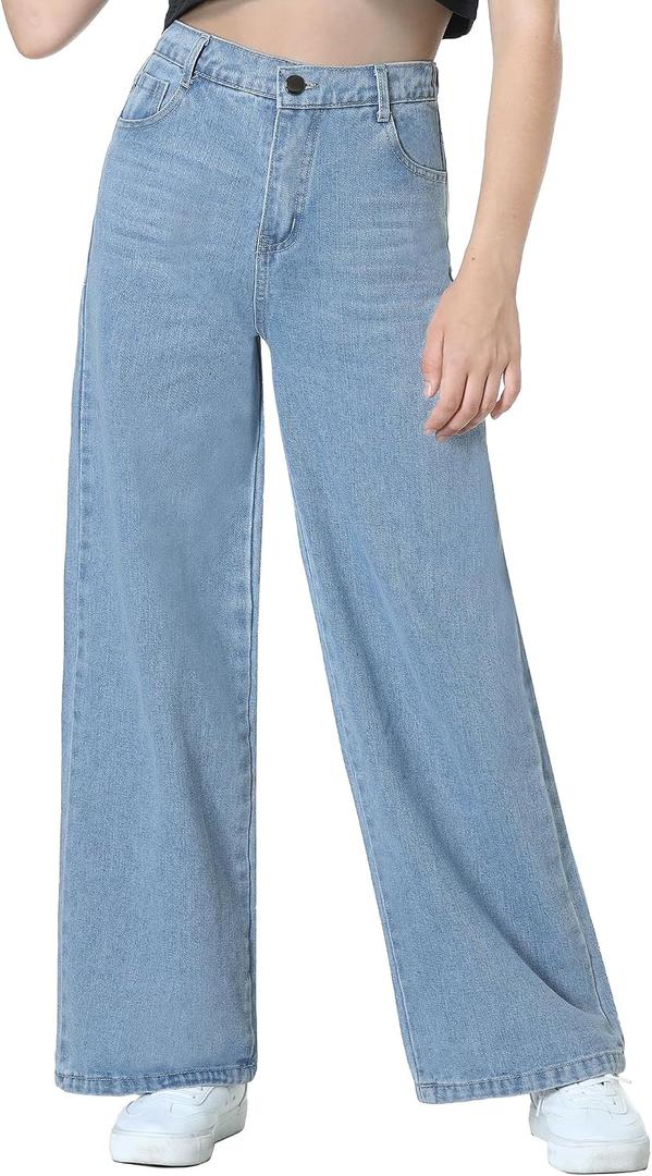EXARUS Girls Jeans Baggy Denim Pants Wide Leg/Flare Teen Clothes Ripped | Tween Washed Trousers Casual Youth Kids Junior Preteen Preppy Back to School Bottoms Pockets Mid Rise Y2K 6-16Y (Blue)