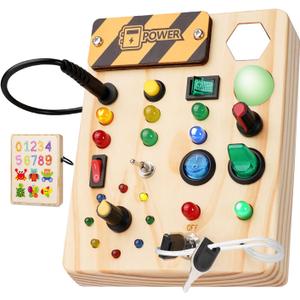 Montessori Busy Board Toys: Wooden Sensory Toy for Toddler with LED Light Up Switch, Educational/Christmas/Birthday Gifts for 1-3 Year Old Boys & Girls