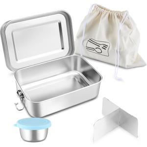 HaWare Lunch Box, 47oz (1400ml) Large Stainless Steel Bento Box with Condiment Container and Carrying Bag, 3 Compartment Food Container for Kids and Adults, Leak-Proof Metal Snack Box, Dishwasher Safe