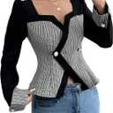 GORGLITTER Women's Color Block Double Breasted Blazer Puff Sleeve Wrap Notch Neck Cardigan (Black)