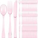 Kochorie 300 Piece Disposable Clear Pink Utensil Set Plastic Silverware Heavy Duty Cutlery Set Serves 100 Guests Forks Knives Spoons for Home Wedding Birthday Party Picnics Bride Shower Outdoor Events