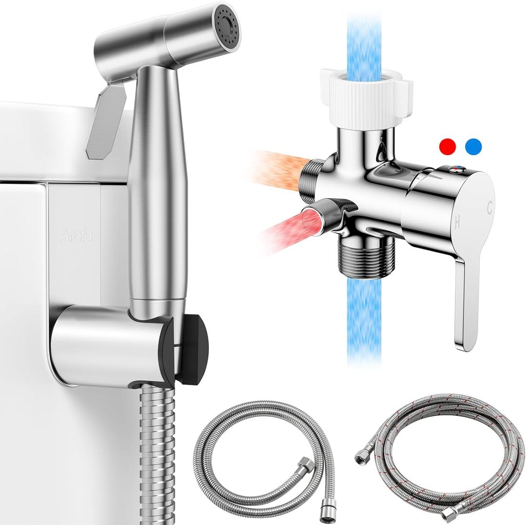 Arofa Hot and Cold Handheld Bidet Sprayer for Toilet, Warm Water Bidet with Adjustable Pressure, Non-Electric Temperature Control for Feminine Wash (1 Pack, Stainless Steel)