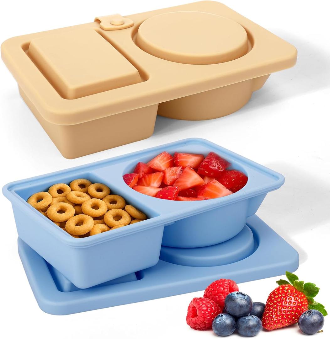 AIERSA Reusable Snack Containers with Lids, 2 Pack Silicone Double/2 Compartment Snack Box Container, Divided Grab and Go Snack Container for Take-out Condiments, Sauce