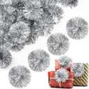 Yunlly 40 Pcs 4 Inch Christmas Tinsel Bows for Gift Wrapping Self Adhesive Pom Poms Colored Tinsel Bows for Crafts Presents Baskets Christmas Tree Decoration (Silver)