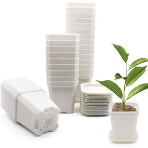 30 Pcs 3" Nursery Pot, Thick Plastic Square Flower Planting Pots, Plant Seedling Pots, 30 Seed Starting Pots with 30 Saucers - White