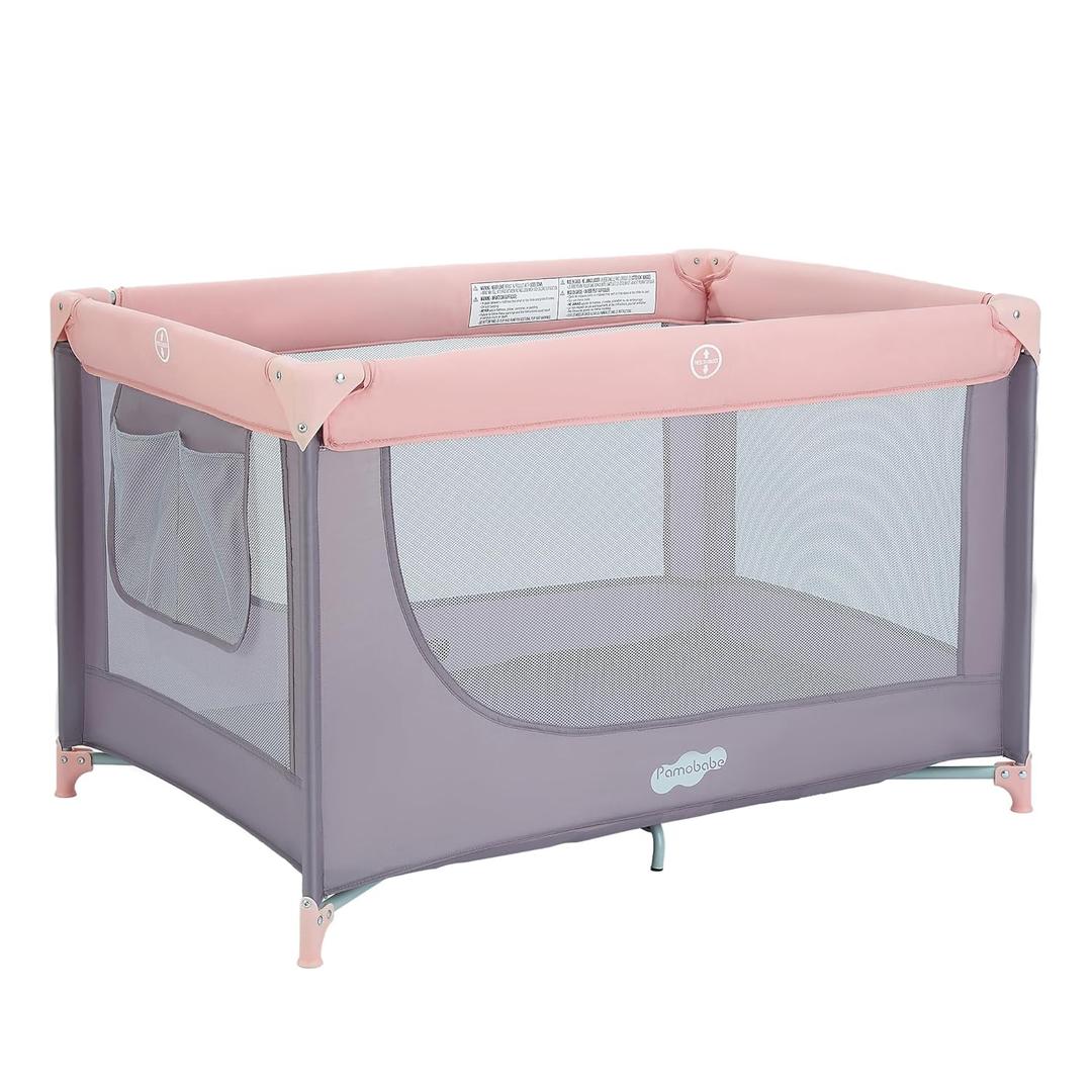 Pamo Babe Compact Pack and Play - Portable Crib for Baby, Lightweight Foldable Travel Playard with Mattress Pad & Carry Bag, Safe Breathable Travel Bed for Home, Trips & Family Visits, Pink