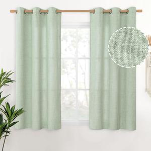 YoungsTex Sage Green Linen Curtains 45 Inches Length for Kitchen Window, Textured Semi Sheer Drapes with Bronze Grommet Light Filtering for Bathroom Cafe Bedroom, 42 x 45 Inch, 2 Panels