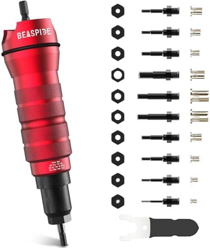 Beaspire Cordless Drill Electric Rivet Gun Adapter Rivet Nut Drill Adapter Kit Including 10 Mandrel and 50Pcs Assorted Rivet Nuts, Rugged Carrying Case