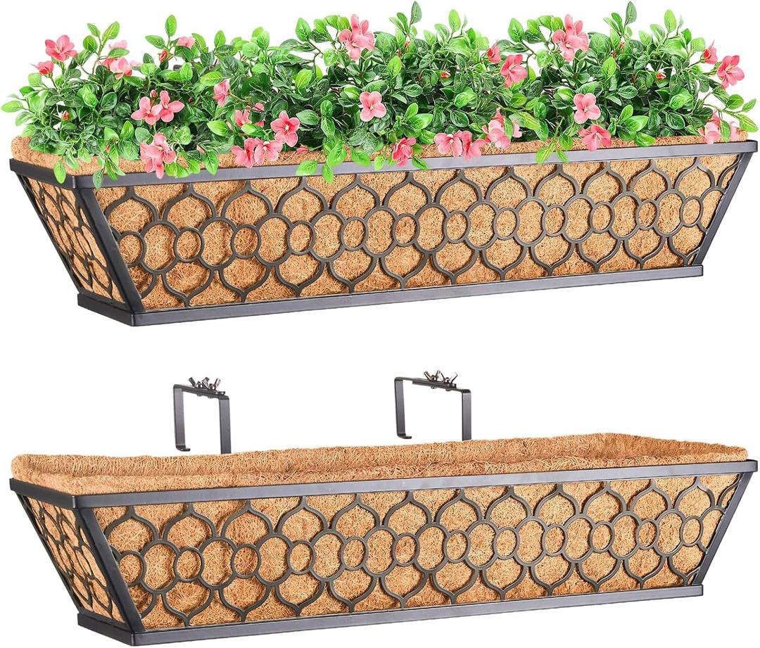 Riare 2 Pack 24 Inch Window Boxes Planters with Coco Liner, Metal Deck Railing Planter Boxes, Balcony Planters Railing Hanging, Horse Trough Window Flower Planter Boxes for Outdoor Porch Fence Patio