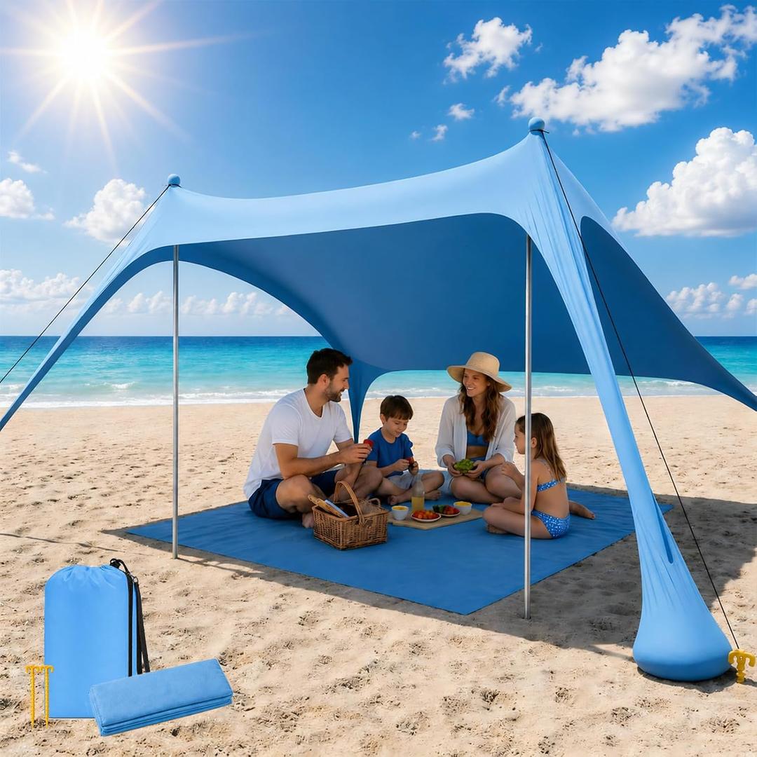 Beach Tent Sun Shelter, UPF50+ Beach Canopy with Beach Mat, 6.5x6.5FT Beach Shade Easy to Set Up, Sun Canopy with Carry Bag, Windproof Rope, for Camping Trips, Fishing, Backyard Fun Picnics, Sky Blue