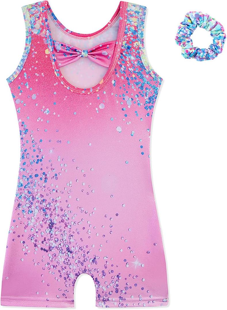 HOZIY Gymnastics Leotards for Girls with Shorts Biketards Dance Tumbling Outfits Matching Scrunchies, 3-4T