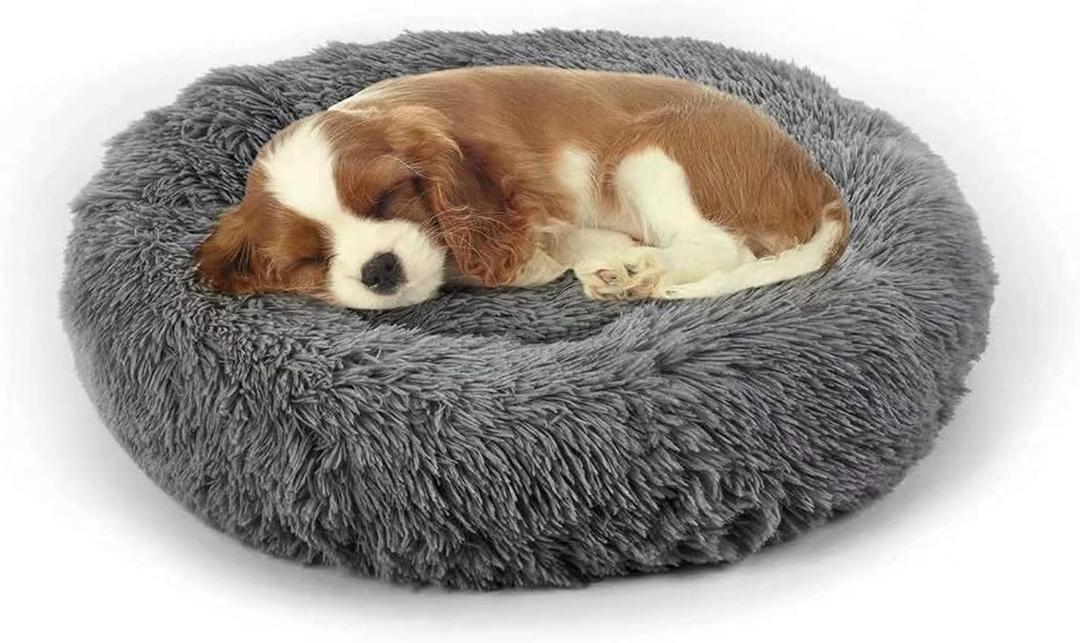 Dog Bed, Cat Calming Bed, Faux Fur Pillow Pet Donut Cuddler Round Plush Bed for Small Dogs and Cats (23.0"L x 23.0"W x 7.0"Th, Dark Grey)