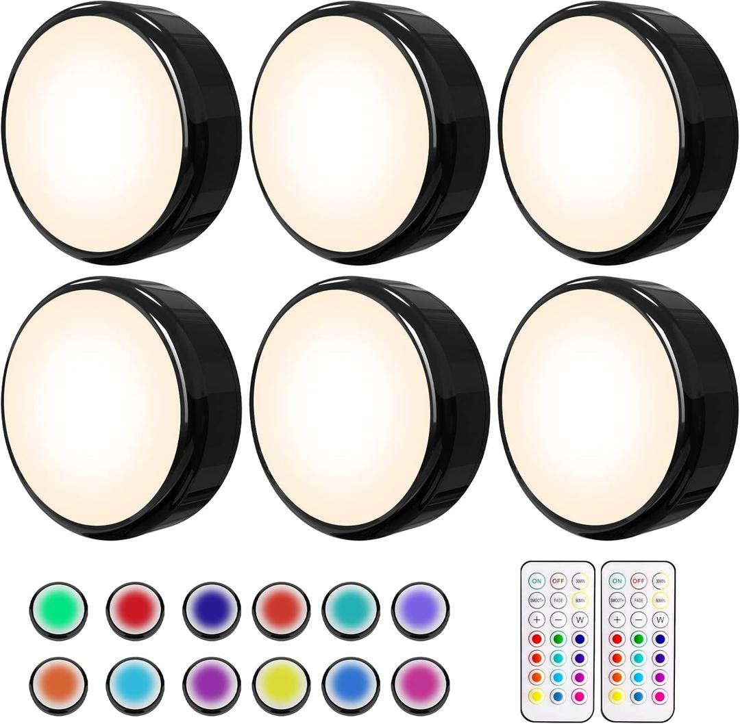 HELPLEX LED Puck Lights with Remote, 6 Pack Color Changing RGBW, Battery Powered, Dimmable Under Cabinet Lighting with Timer & Memory, Wireless Stick-On Lights, Black