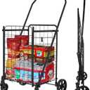 Folding Shopping Carts for Groceries, Lightweight Grocery Cart on Wheels, 360 Swivel Wheels Utility Cart with Pocket Bag, Small Portable Utility Carts for Laundry, Luggage, Holds 100 LBS (Door Openable, Black)