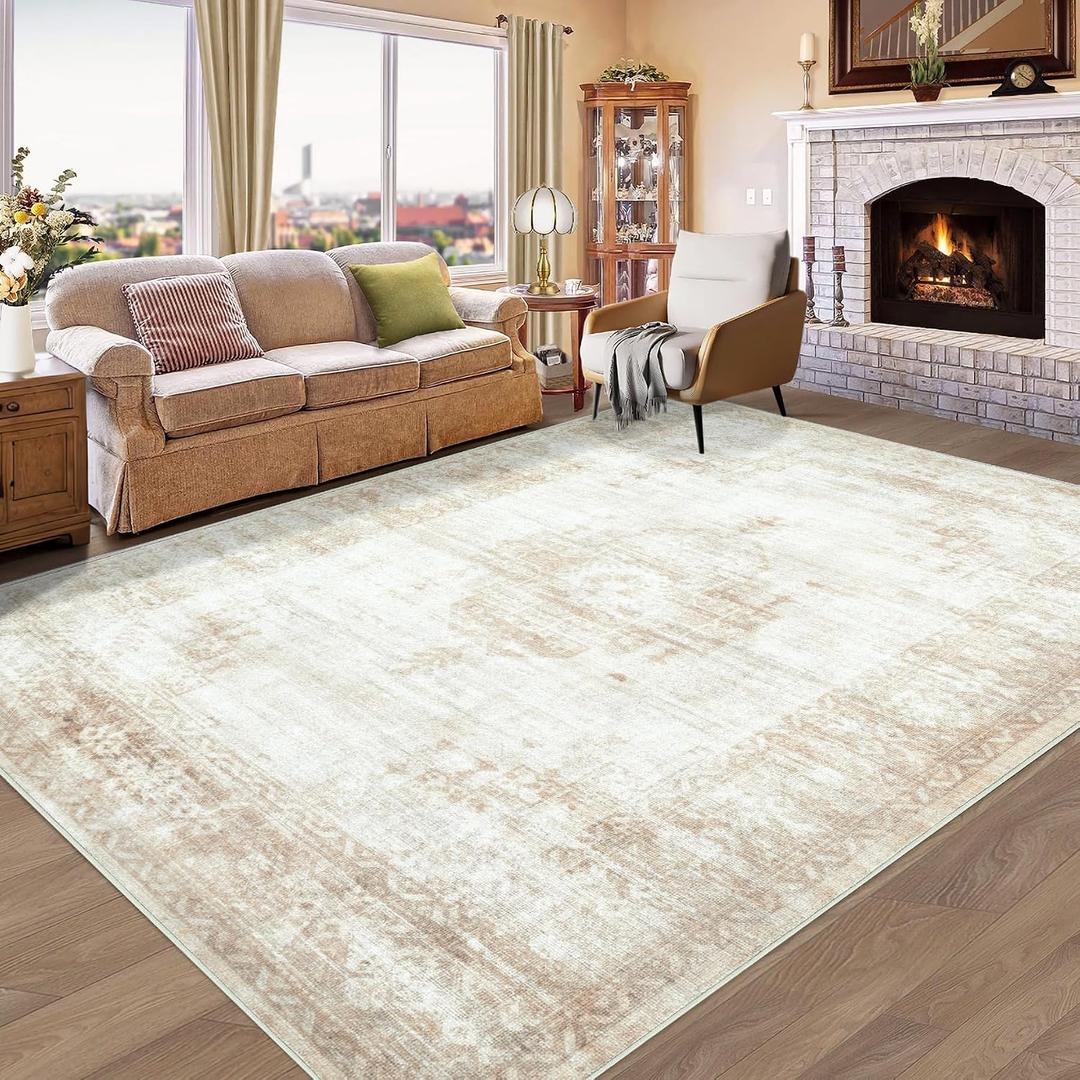 Aoyaomi Vintage Living Room Area Rug - 6x9 Large Machine Washable Boho Moroccan Distressed Farmhouse Rugs for Bedroom - Soft Non-Slip Indoor Floor Accent Rugs for Office Dining Room (Beige, 6' x 9')