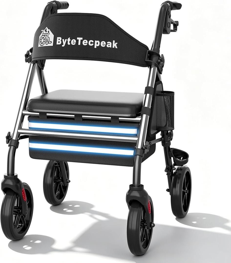 R4 Walkers for Seniors with Seat,Foldable Rollator Walker with Brakes,4 Wheeler for Adults,Support 330lbs,Walker Wheelchair Combo with 8" Anti-Slip Wheels,Upright Walker with Storage Bag