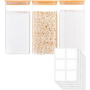 Glass Food Storage Jars with Airtight Lids Wide Mouth Pantry Containers, Thick BPA-Free Glass, Moisture & Insect Resistant, Customizable Labels Included 50 oz x 3