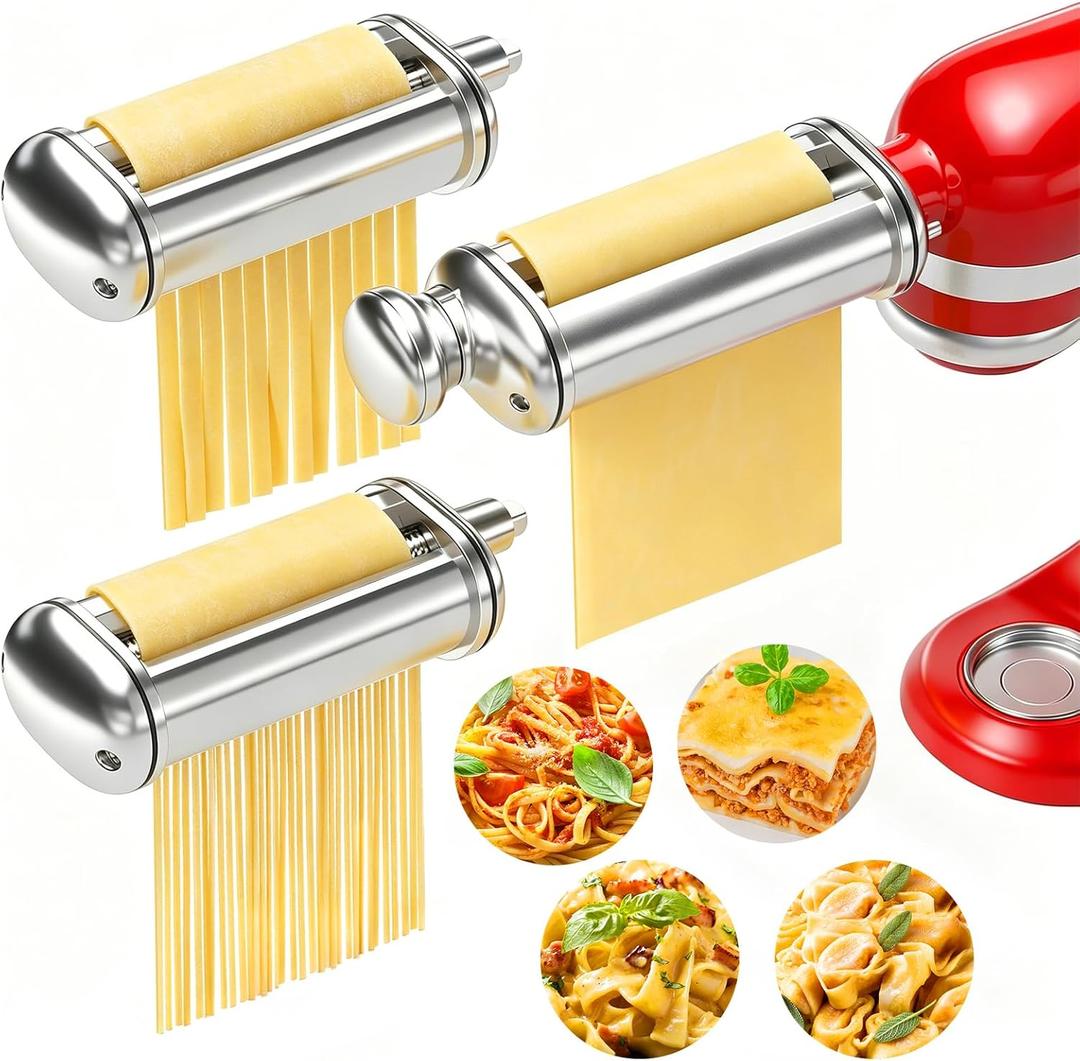 3PCS Pasta Maker Attachment for All Kitchenaid Stand Mixers, Stainless Steel Pasta Attachments Include Spaghetti Cutter & Fettuccine Cutter, Pasta Roller with 8 Thickness Knob
