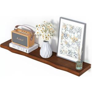 AZSKY Live Edge Floating Shelves for Wall, 36 Inch Floating Shelf, Deep Walnut Wall Mounted Pine Wood Shelf for Storage, Living Room Bedroom Kitchen Shelves Set of 1 with Invisible Bracket