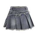BEAUDRM Girl's Pleated Jean Skirt Y2K Raw Hem Mini Skort A Line Denim Skirt with Pocket Blue 8Y