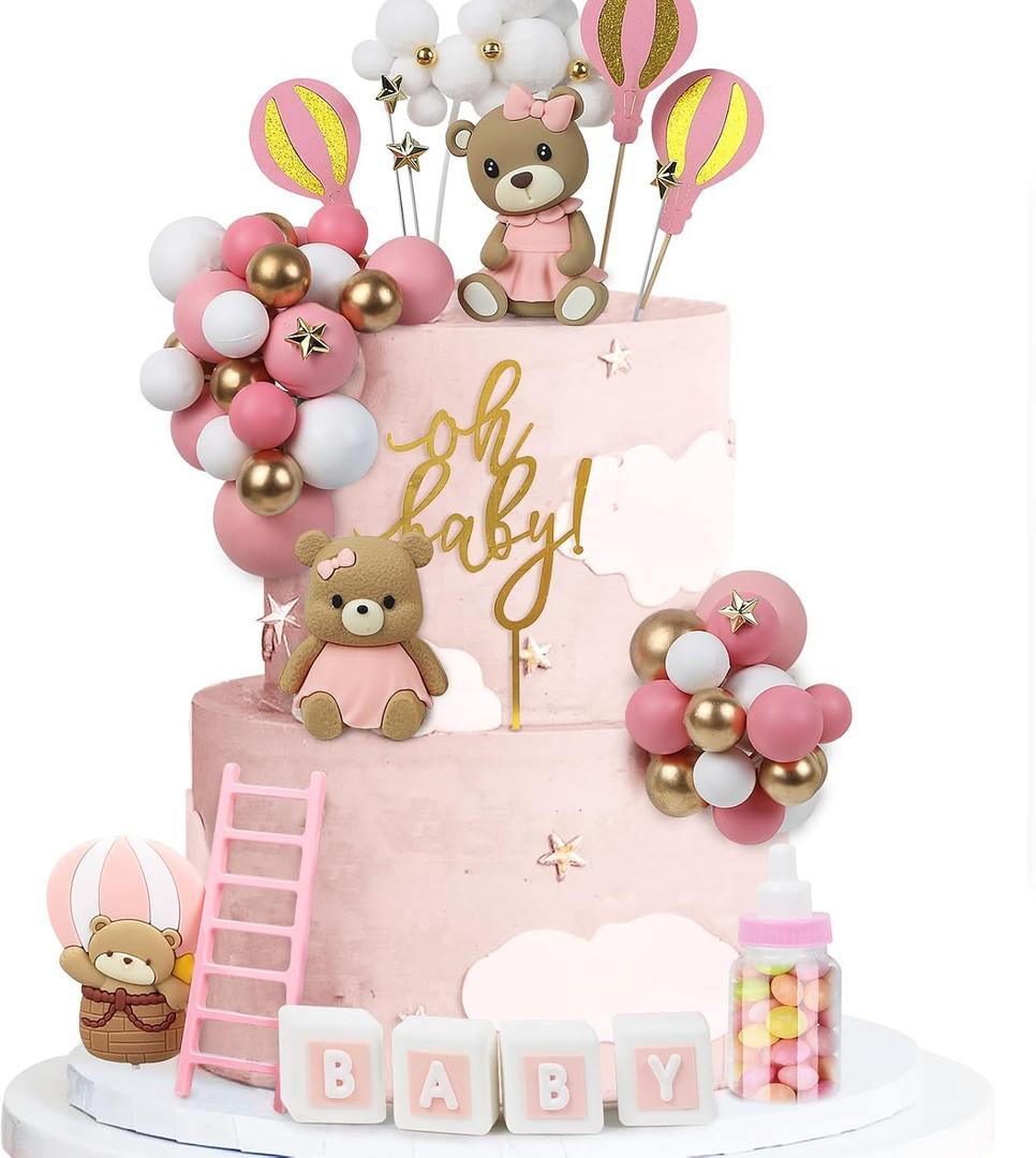 44 PCS Bear Cake Toppers - Mini 3D Bear BABY Letters Milk Bottle Pink Gold Foam Balls Cake Toppers for Boy Girl Birthday Party Baby Shower Cake Decorations