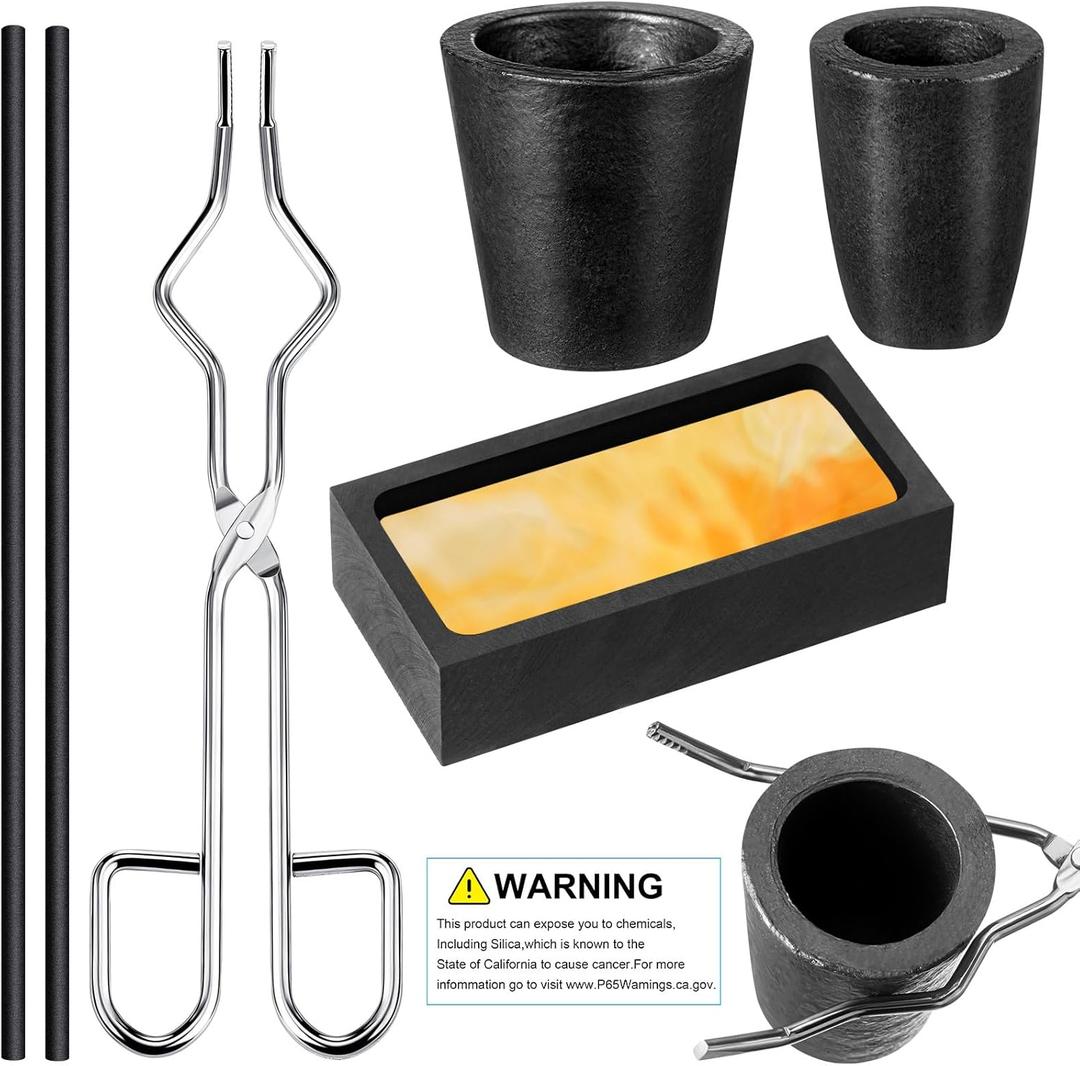 FoldTier 6 Pcs Crucible Metal Melting Kit, Include 2 Clay Graphite Crucible for Gold Melting Metal, 2 Graphite Stir Rod Stick, 1 Crucible Tong, 1 Graphite Torch Smelting Casting Ingot Mold for Melting