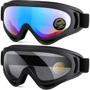 2-Pack Snow Ski Goggles, Snowboard Goggles for Men, Women, Youth, Kids, Boys or Girls (02.multicolor Lenses + Gray Transparent Lenses)