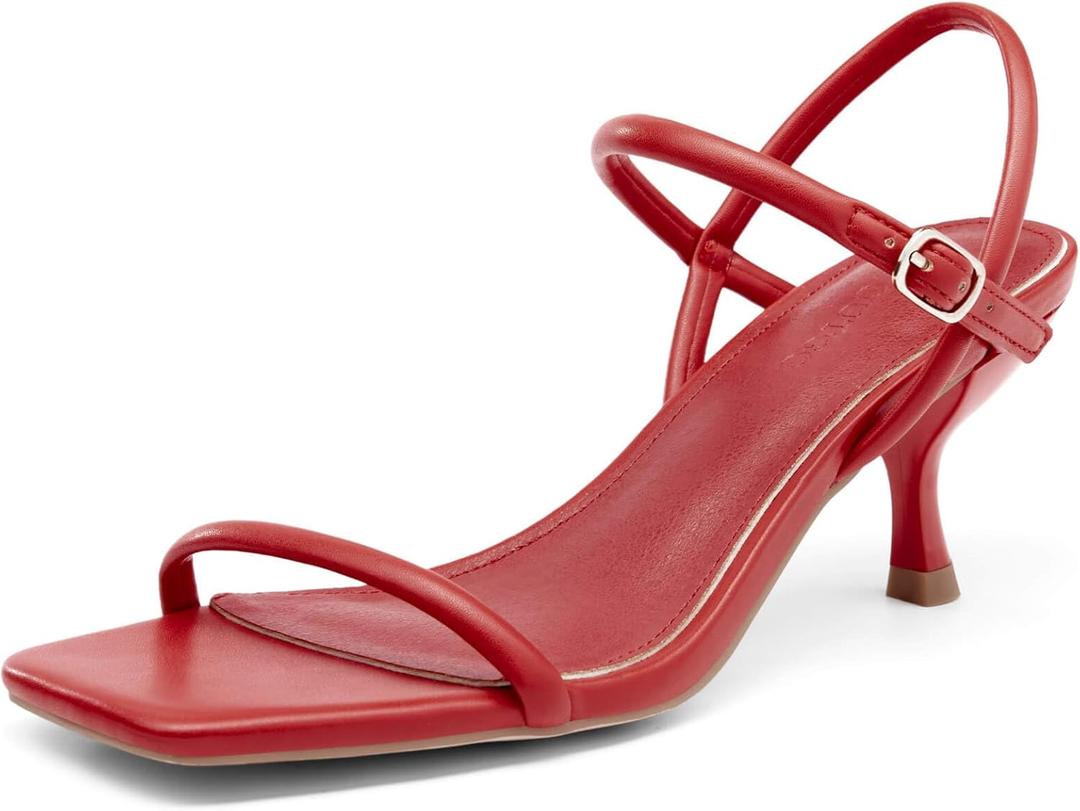 Coutgo Womens Strappy Kitten Heels Open Square Toe Sandals Buckle Ankle Strap Summer Dress Shoes (9.5, Red)