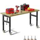 60" Adjustable Work Bench,Hardwood Top Garage Work Bench Table,Heavy Duty 2000 LBS Load Worktable,Rolling Mobile Workbench with Power Strip for Workshop Office Home
