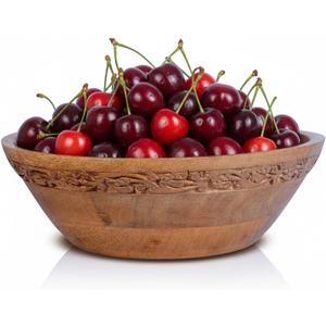 Mela Artisans Wooden Fruit Bowl | Medium Burnt Finish | 9 Mango Wood Serving Bowl with Felt Pads | Multipurpose for Kitchen Countertop |Salad | Snacks | Breads & More | Natural Grain Texture