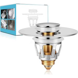 Universal Sink Stopper with Hair Catcher, Faster Drainage, Bathroom Sink Drain Strainer in Brass, Pop Up Drain Cover, Basin Plug for 1.04~1.97 Inch Drain Hole