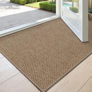 DEXI Ultra Thin Door Mat Indoor Entrance 24x36, Non Slip Rubber Backed Entryway Mats Dirt Trapper, Low Profile Front Doormat for Inside Entry, Patio, Porch, Dark Beige