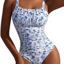 Women's Boho Floral Print One Piece Swimsuit Y2K Bathing Suits Swimwear Beachwear (X-Large, Blue and White)