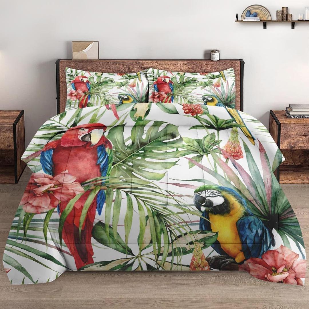 Queen Size Comforter Set with 2 Pillowcases, Tropical Hibiscus Birds 3 Pcs Bedding for Kids and Adults, Flower Palm Leaf Soft Comforter Set for Bedroom Bed Decor
