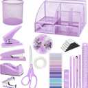Purple Desk Accessories, 17Pcs Purple Office Supplies Set with Stapler, Mesh Desk Organizer, Tape Dispenser, Staple Remover, Pen Holder, Clips, Pens, Ruler, for Office Home School Women Students Gift
