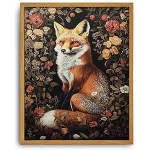 Djmwtb Framed Vintage Wall Art, Fox wall Decor, Nature Botanical Wall Art for Bedroom Decor, Flower Pictures Paintings Animal Canvas Artwork Prints for Living Room 16x24in