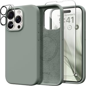 GONEZ for iPhone 15 Pro Max Case Silicone, Compatible with Magsafe, Camera Protector + Screen Protector, Soft Anti-Scratch Microfiber Lining, Liquid Silicone Shockproof Phone Cover, Calke Green