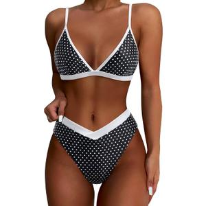 SUUKSESS Women Triangle High Cut Bikini Sets Sexy High Waisted 2 Piece Swimsuit (Small, 57 Black White Polka Dots)