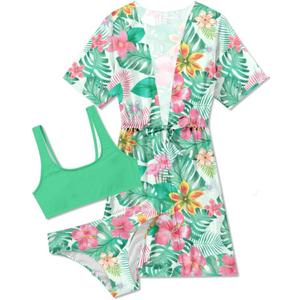 AIDEAONE 5-16T Girls Bathing Suit 3 Piece Swimsuit Drawstring Quick Dry Tankini with Cover Ups (9-10 Years, Light Green Flower)