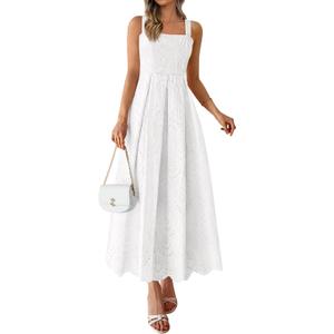PRETTYGARDEN Womens Sleeveless Maxi Summer Dresses 2026 Hollow Out Eyelet Square Neck Ruffle Flowy Beach Vacation Sundress (Small, White)