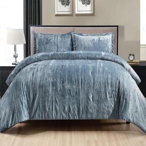 Fredsure Crinkle Velvet Comforter Set, 3 Pieces Blue Queen, Crinkle Velvet Face and Brushed Microfiber Reverse, with Light Poly Fill