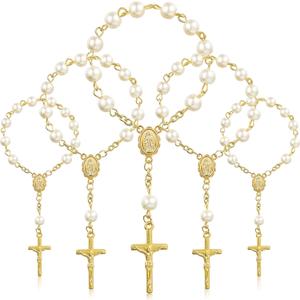 30 Pieces Baptism Rosary Acrylic Rosary Beads Ivory Color Mini Finger Rosaries Gold Plated Faux Pearls for Baptism Christening Communion Weddings Party Favors