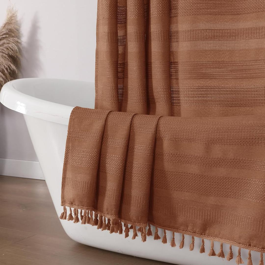 OVZME Terracotta Shower Curtain for Bathroom - Farmhouse Linen Textured Shower Curtain with Tassel, Rustic Striped Heavy Duty Vintage Country Bathroom Curtain, 72Wx72L Inches
