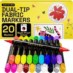 ARTISTRO 20 Dual-Tip Fabric Markers - Fabric Decorating Kit - Permanent for Clothes - No Bleed Pens for T-Shirts, Bags, Textile, Canvas, and More (Brush Tip and Fine Tip)
